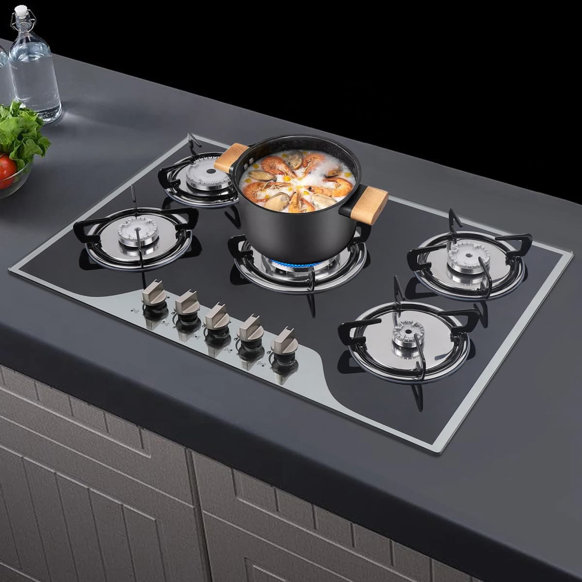 5 Burner Built-in Gas Cooktop Glass Top 3KW Dual Ring High Power Energy Saving 63% Efficiency LPG Natural Gas Stove
