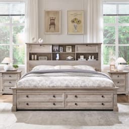 Queen Storage Bed Frame with Bookcase Headboard Column Footboard 2 Drawers No Box Spring Oak Customized