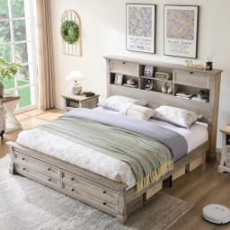 Queen Storage Bed Frame with Bookcase Headboard Column Footboard 2 Drawers No Box Spring Oak Customized