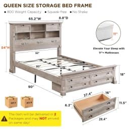 Queen Storage Bed Frame with Bookcase Headboard Column Footboard 2 Drawers No Box Spring Oak Customized