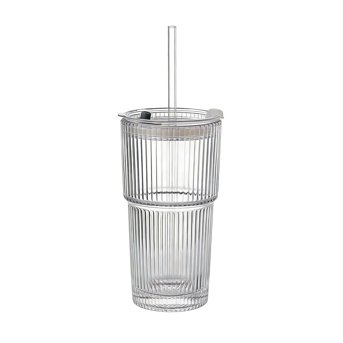 Ins Style Ribbed Glass Cup with Straw - Clear Bamboo Design Drinking Glass for Home, Office, and Party