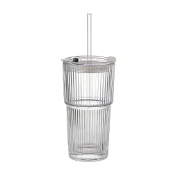 Ins Style Ribbed Glass Cup with Straw - Clear Bamboo Design Drinking Glass for Home, Office, and Party