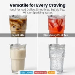 Ins Style Ribbed Glass Cup with Straw - Clear Bamboo Design Drinking Glass for Home, Office, and Party