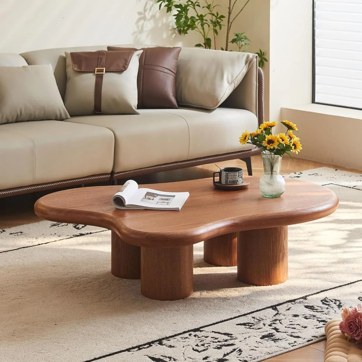 48 Inch Cloud Coffee Table, Modern Walnut Coffee Table for Living Room, Large Wood Coffee Side Table with Irregular, Customized