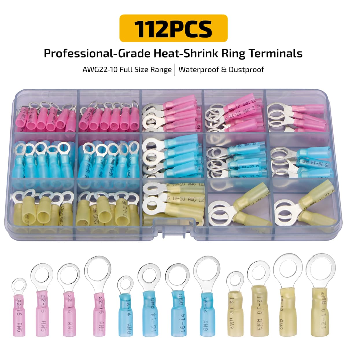 112pcs Heat Shrink Ring Terminals Electrical Wire Connectors M5/M6/M8/M10 Waterproof Auto Marine Electrical Crimp Wire Terminals