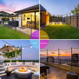 11.1Ft Outdoor String Light Poles 2 Pack Metal Stand with Fence Brackets Heavy Duty Hanging Light Pole for Deck Patio Backyard Garden Wedding Party Festoon Globe String Lights Support Pole