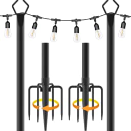 11.1Ft Outdoor String Light Poles 2 Pack Metal Stand with Fence Brackets Heavy Duty Hanging Light Pole for Deck Patio Backyard Garden Wedding Party Festoon Globe String Lights Support Pole