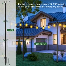 11.1Ft Outdoor String Light Poles 2 Pack Metal Stand with Fence Brackets Heavy Duty Hanging Light Pole for Deck Patio Backyard Garden Wedding Party Festoon Globe String Lights Support Pole
