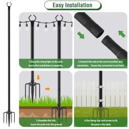11.1Ft Outdoor String Light Poles 2 Pack Metal Stand with Fence Brackets Heavy Duty Hanging Light Pole for Deck Patio Backyard Garden Wedding Party Festoon Globe String Lights Support Pole