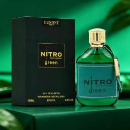 DUMONT NITRO GREEN men's perfume is a fresh wooden fragrance, with cedar, sandalwood and musk, calm and elegant, green and gold packaging, high class atmosphere, showing a gentleman's style.