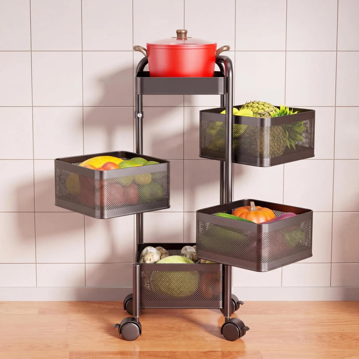 4 5 Tier Rotating Kitchen Storage Cart Thickened Carbon Steel With Wheels Top Lid Fruit Vegetable Basket Mobile Produce Organizer Utility Rack For Bathroom Living Room No Assembly Required