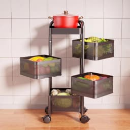 4 5 Tier Rotating Kitchen Storage Cart Thickened Carbon Steel With Wheels Top Lid Fruit Vegetable Basket Mobile Produce Organizer Utility Rack For Bathroom Living Room No Assembly Required