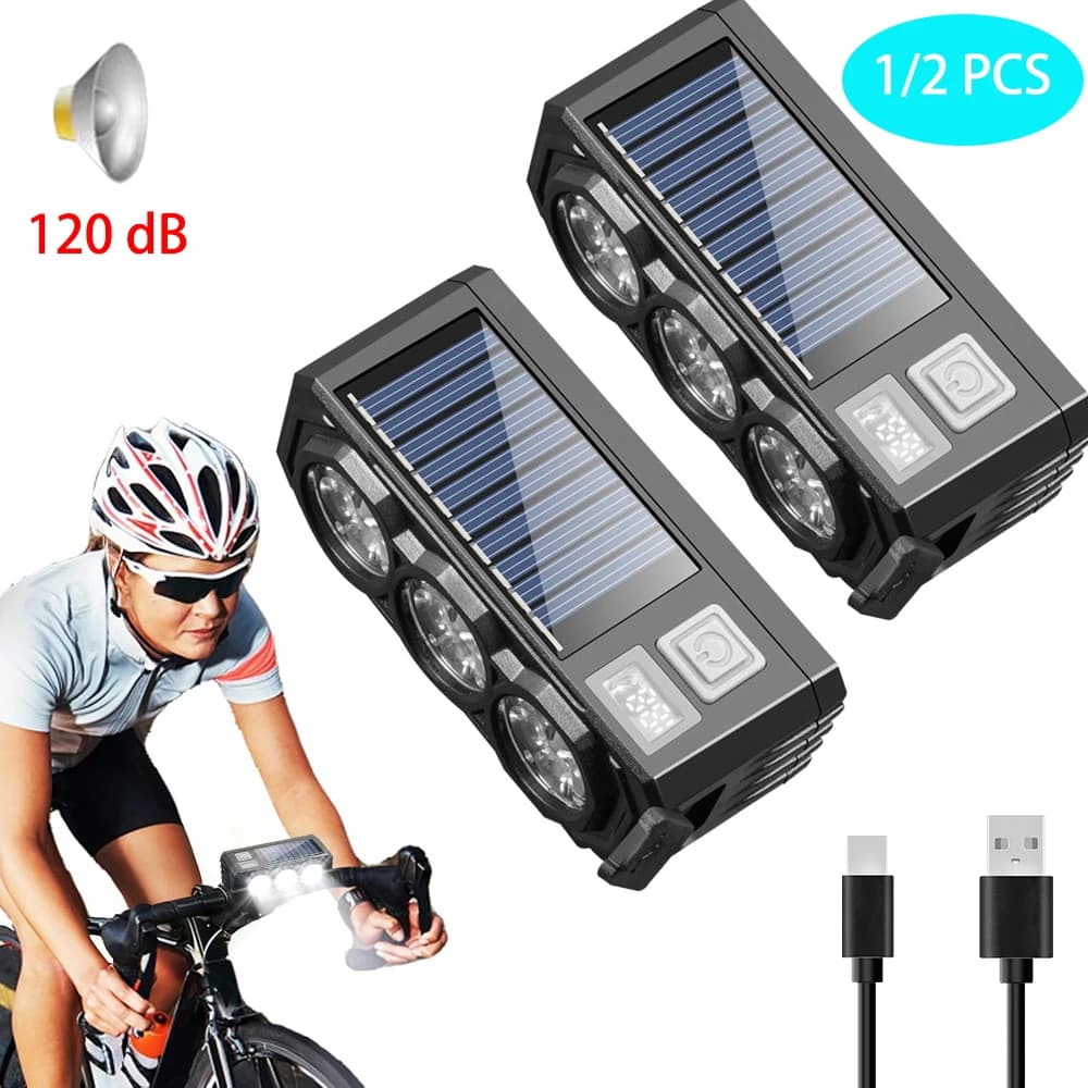 1/2X New Bicycle Lights Solar & USB Charging Bicycle Lights Waterproof Bike Headlight 120dB Bike Front Light Bicycle Accessories