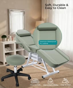 Tattoo Chair with Hydraulic Swivel Stool, Adjustable Tattoo Bed & Professional Facial Bed Set, 3-Section Reclining Tattoo Table with Storage Drawers for Tattoo Parlor & Med Spa, Light Green