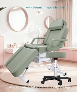 Tattoo Chair with Hydraulic Swivel Stool, Adjustable Tattoo Bed & Professional Facial Bed Set, 3-Section Reclining Tattoo Table with Storage Drawers for Tattoo Parlor & Med Spa, Light Green