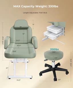 Tattoo Chair with Hydraulic Swivel Stool, Adjustable Tattoo Bed & Professional Facial Bed Set, 3-Section Reclining Tattoo Table with Storage Drawers for Tattoo Parlor & Med Spa, Light Green