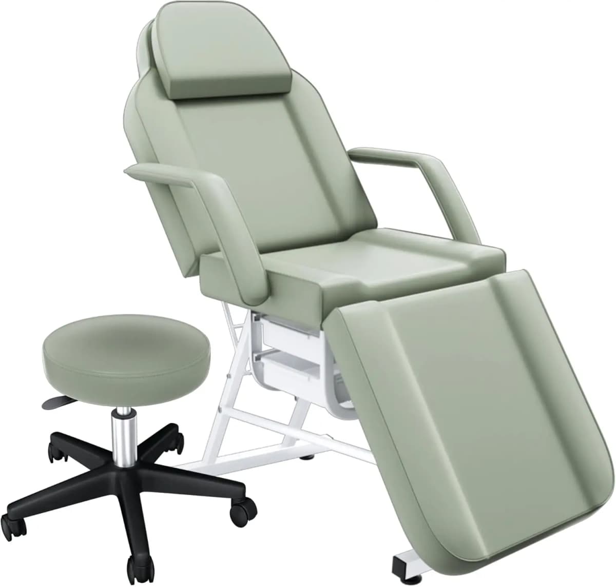 Tattoo Chair with Hydraulic Swivel Stool, Adjustable Tattoo Bed & Professional Facial Bed Set, 3-Section Reclining Tattoo Table with Storage Drawers for Tattoo Parlor & Med Spa, Light Green