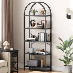 5-Tier Arched Bookshelf, 180cm Tall Industrial Open Bookcase, Freestanding Display Rack Metal Wooden Storage Shelving Units
