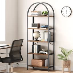 5-Tier Arched Bookshelf, 180cm Tall Industrial Open Bookcase, Freestanding Display Rack Metal Wooden Storage Shelving Units