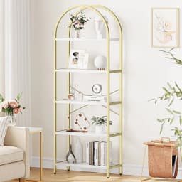 5-Tier Arched Bookshelf, 180cm Tall Industrial Open Bookcase, Freestanding Display Rack Metal Wooden Storage Shelving Units