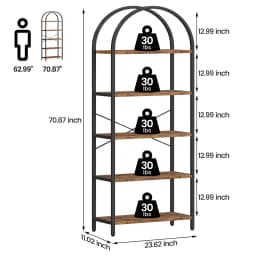 5-Tier Arched Bookshelf, 180cm Tall Industrial Open Bookcase, Freestanding Display Rack Metal Wooden Storage Shelving Units