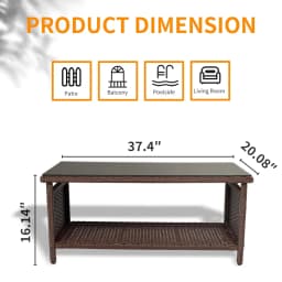 Wicker CoffeeTable Patio Coffee Tables for Outside, Tempered Glass Top Wicker Table with Storage, Customized