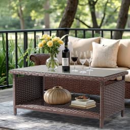 Wicker CoffeeTable Patio Coffee Tables for Outside, Tempered Glass Top Wicker Table with Storage, Customized