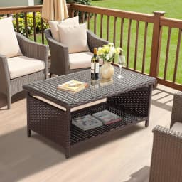 Wicker CoffeeTable Patio Coffee Tables for Outside, Tempered Glass Top Wicker Table with Storage, Customized