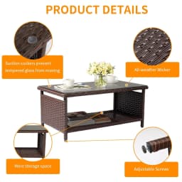 Wicker CoffeeTable Patio Coffee Tables for Outside, Tempered Glass Top Wicker Table with Storage, Customized