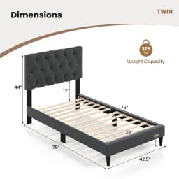 Twin Size Bed Frame with Button-Tufted Headboard & Wooden Slats Easy Assembly