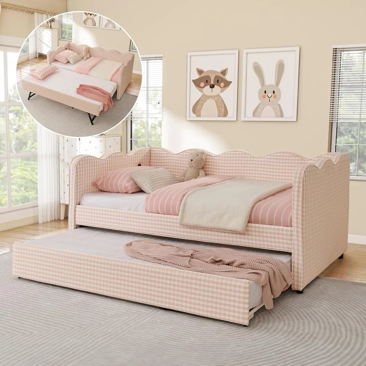 Twin Daybed Pop Up Trundle Linen Upholstered Convertible Sofa Bed Guest Room No Box Spring Customized
