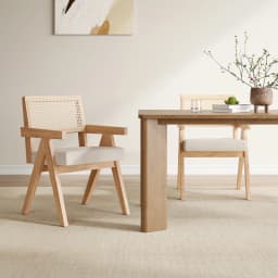 Set of 2 Mid-Century Rattan Dining Chair, Solid Ash Wood Frame, Woven Rattan Back, High-Resilience Foam, Non-Slip Pads
