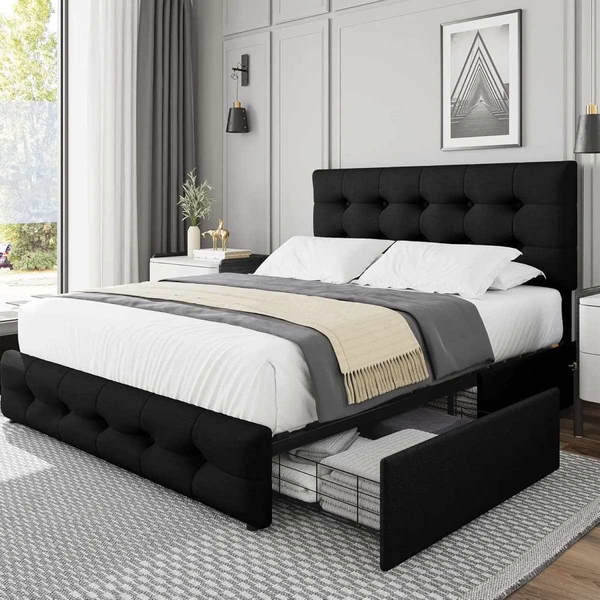 Full Size Bed Frame with 4 Storage Drawers and Adjustable Headboard, Upholstered Platform Bed with Button Tufted, Customized