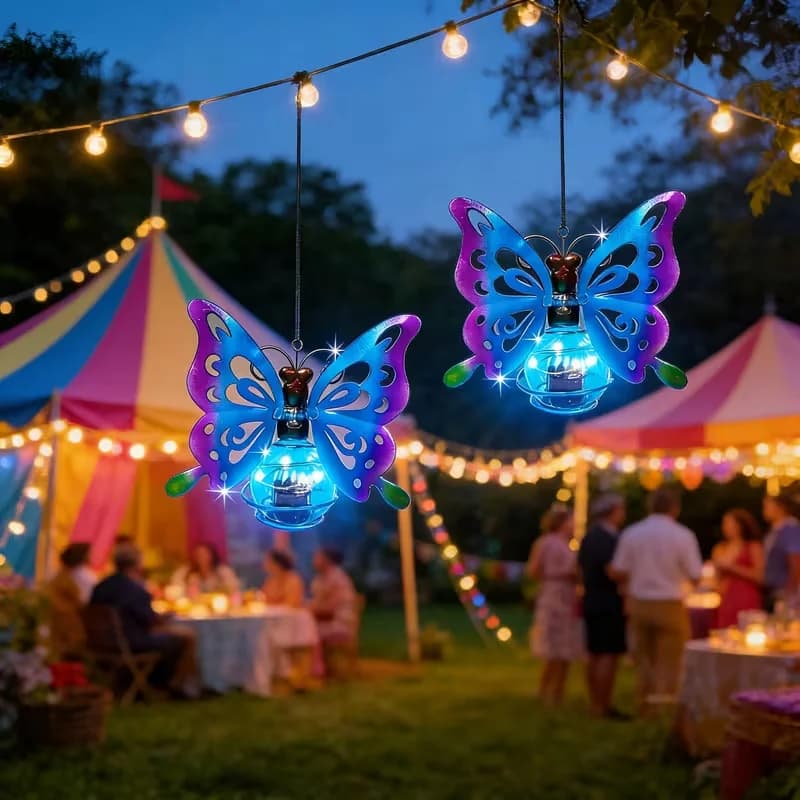 RUIDEL MICHAELS 2 sets of blue metal butterfly pendant lights, solar garden lights, outdoor cute lanterns, hanging decorations for porch, corridor garden tree decorations, and as gifts