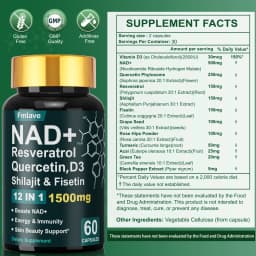 Fmlave NAD+ Resveratrol, Shilajit & Fisetin, Quercetin, D3, – 12-in-1 Enhance Cellular Vitality and Energy, Immunity & Skin Beauty 60 Capsules