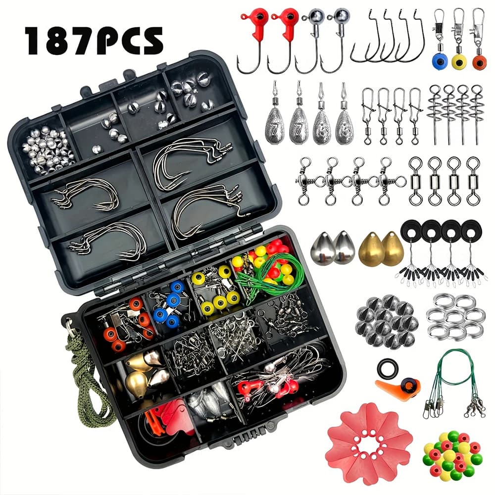187pcs Ultimate Fishing Kit Set - Complete Tackle Box with Premium Fish Hooks, Bait Parts, Sinkers, and More - Perfect for Outdo