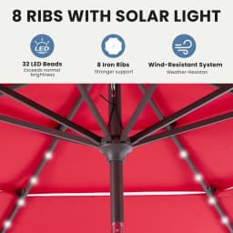JHK Outdoor 10 FT Solar Patio Umbrella with 32 LED Lights UV-Resistant Market Umbrella with Tilt Adjustment Crank Lift All-Weather Shade for Backyard Garden Beach