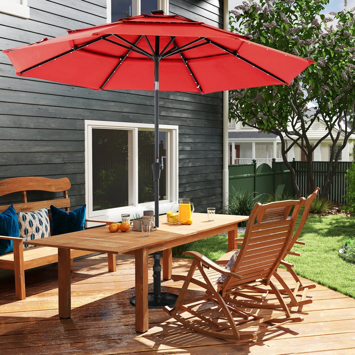 JHK Outdoor 10 FT Solar Patio Umbrella with 32 LED Lights UV-Resistant Market Umbrella with Tilt Adjustment Crank Lift All-Weather Shade for Backyard Garden Beach