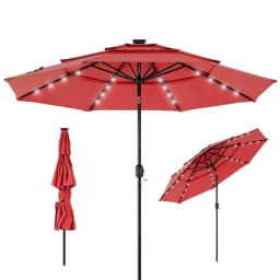 JHK Outdoor 10 FT Solar Patio Umbrella with 32 LED Lights UV-Resistant Market Umbrella with Tilt Adjustment Crank Lift All-Weather Shade for Backyard Garden Beach