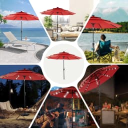 JHK Outdoor 10 FT Solar Patio Umbrella with 32 LED Lights UV-Resistant Market Umbrella with Tilt Adjustment Crank Lift All-Weather Shade for Backyard Garden Beach