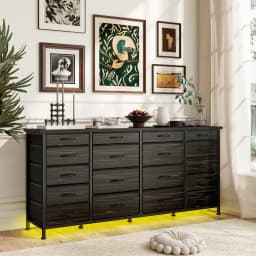 EnHomee 18-Drawer Long Fabric Dresser – 63" TV Stand with LED Lights & Power Outlets, Fits 65–75" Screens – For Bedroom, Living Room, Entryway, Hallway, Closet