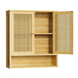 Wooden Storage Cupboard Wall Mounted Medicine Cabinet Unit Kitchen Shelf with Wooden Storage Cupboard with 2 Rattan Doors