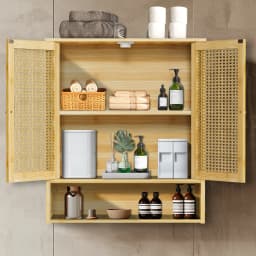 Wooden Storage Cupboard Wall Mounted Medicine Cabinet Unit Kitchen Shelf with Wooden Storage Cupboard with 2 Rattan Doors