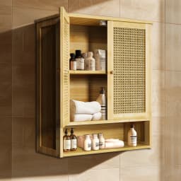 Wooden Storage Cupboard Wall Mounted Medicine Cabinet Unit Kitchen Shelf with Wooden Storage Cupboard with 2 Rattan Doors