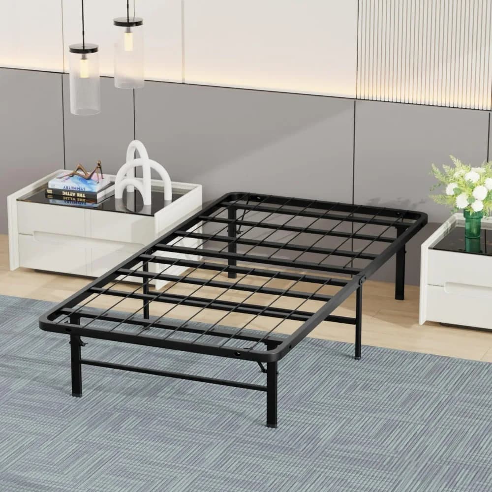 BestMassage Twin Metal Foldable Bed Frame Heavy Duty Steel Slats 6 Legs No Box Spring Easy Assembly Under-Bed Storage For Home