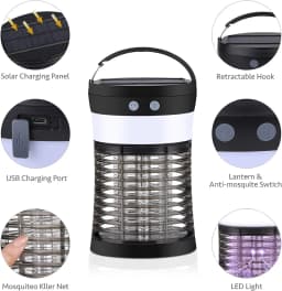 Bug Zapper Electric Solar Mosquito Killer 3000V Rechargeable Insect Fly Trap for Indoor & Outdoor