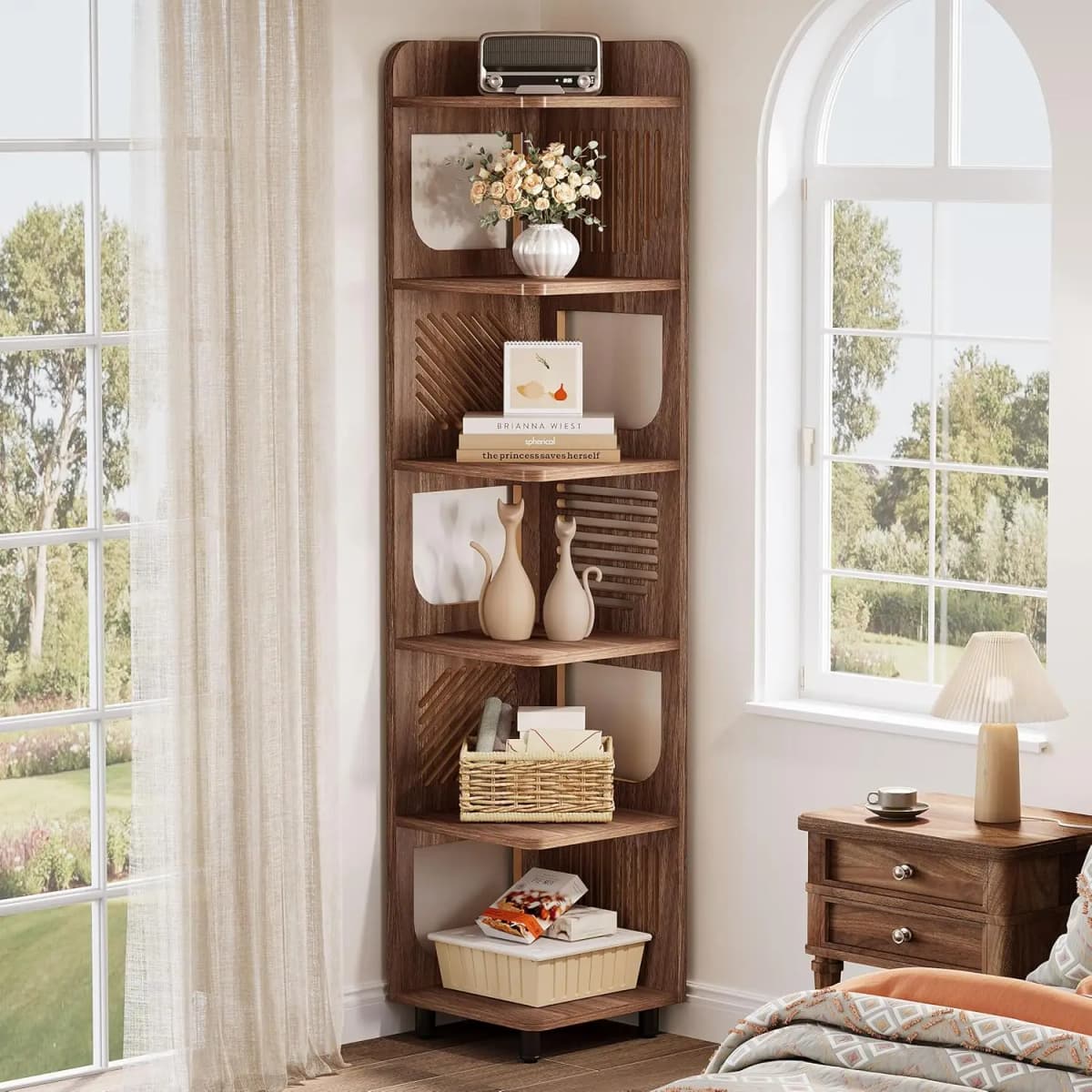 6-tier Corner Bookshelf, 71-inch Country-style Narrow Corner Bookshelf with Square Shelves,Corner Bookshelf, Customizable.