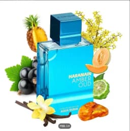 Al Haramai.n Amber Oud Aqua Dubai's refreshing aquatic notes are infused with the warm woody aroma of amber and agarwood. The blue bottle body replicates the Dubai coastline's shimmering light, unlocking the luxurious ocean fragrance of the cit.y