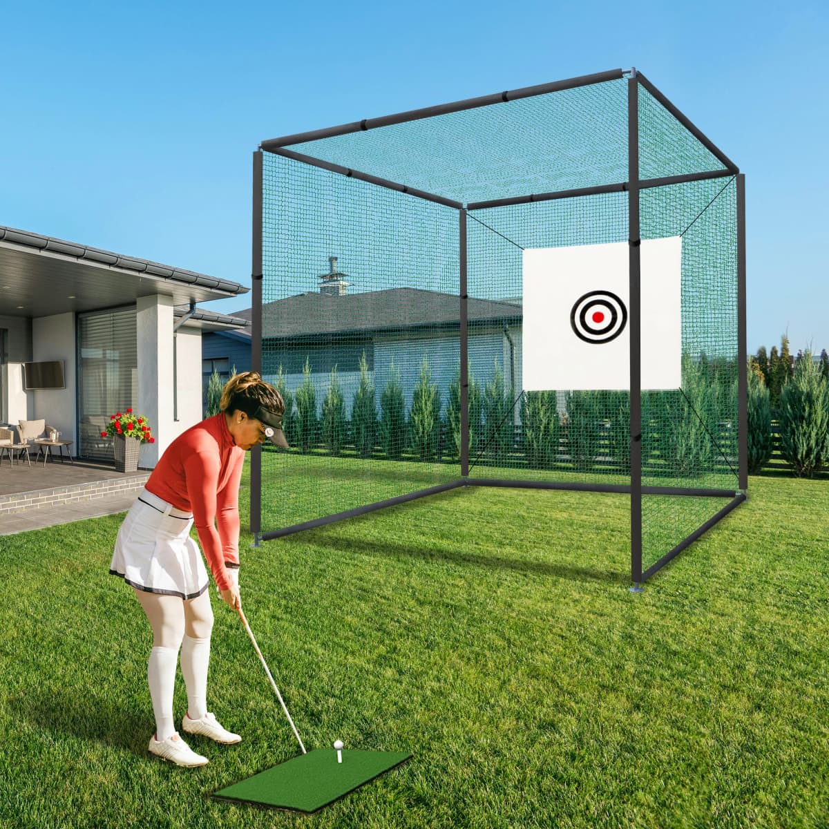 10×10ft Golf Driving Cage with Metal Frame,Triple-Turf Mat and Target Cloth,Driving Chipping Training Swing with Targets Outdoor