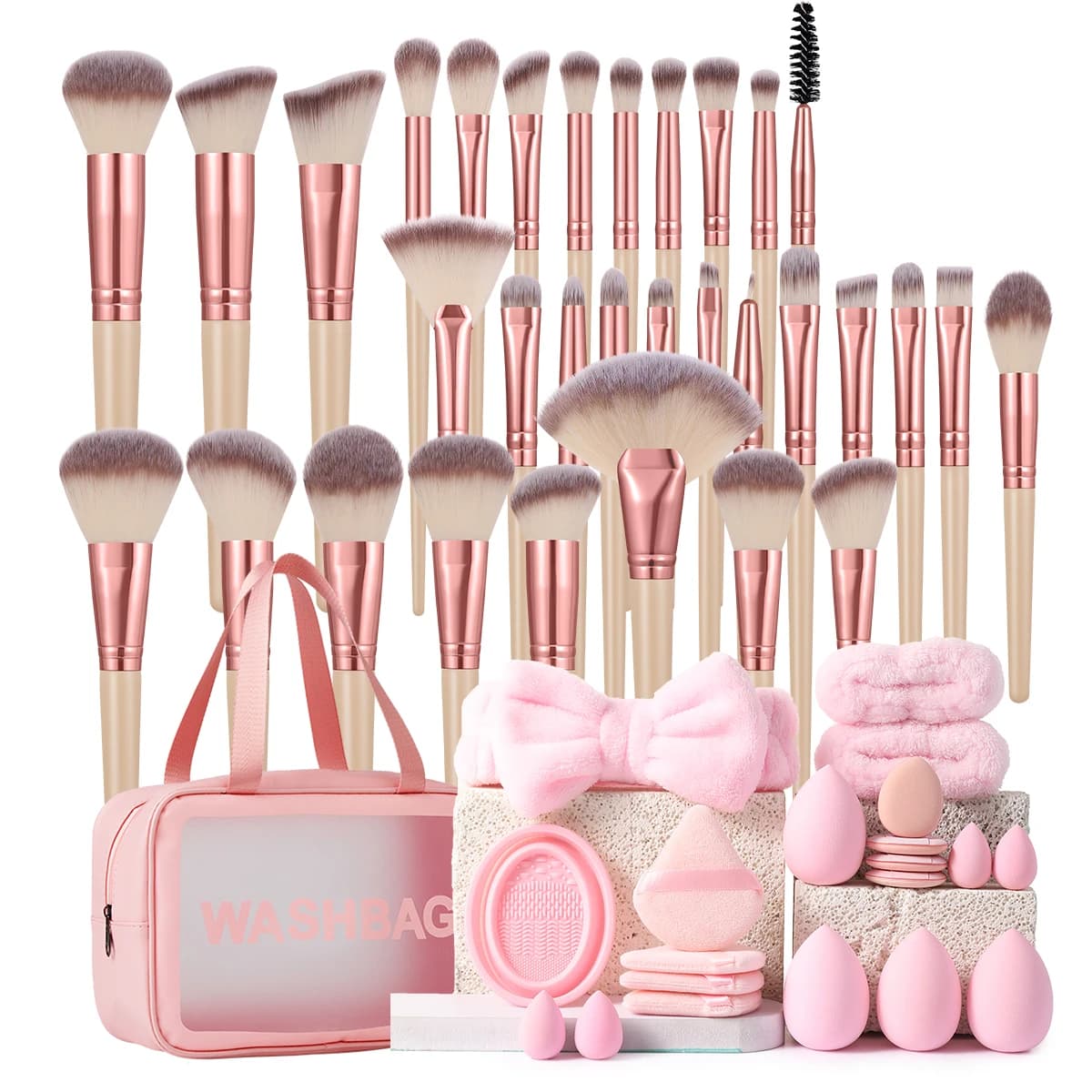 53PCS Makeup Tools:1PC Cosmetic Bag+32PCS Makeup Brush Set+8PCS Makeup Sponges+8PCS Powder Puffs+4PCS Makeup Tools